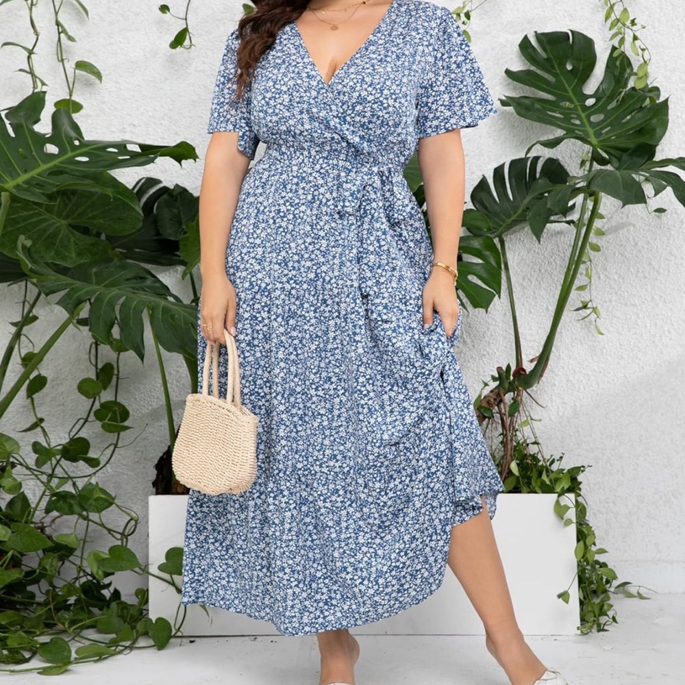 Womens Plus Size V Neck Wrap Maxi High Waist  Dress with Belt